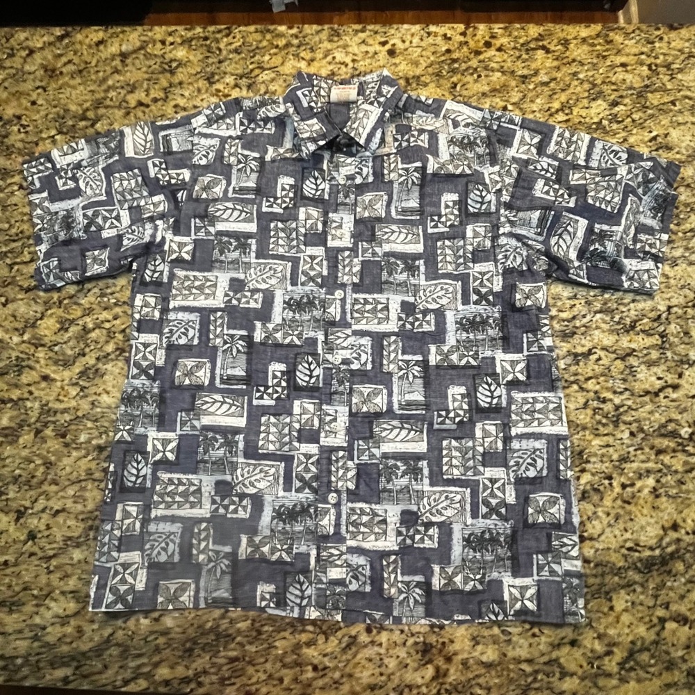 Go Barefoot Hawaiian Shirt Mens Large Blue White Cotton Tropical Palm Tree‎ USA